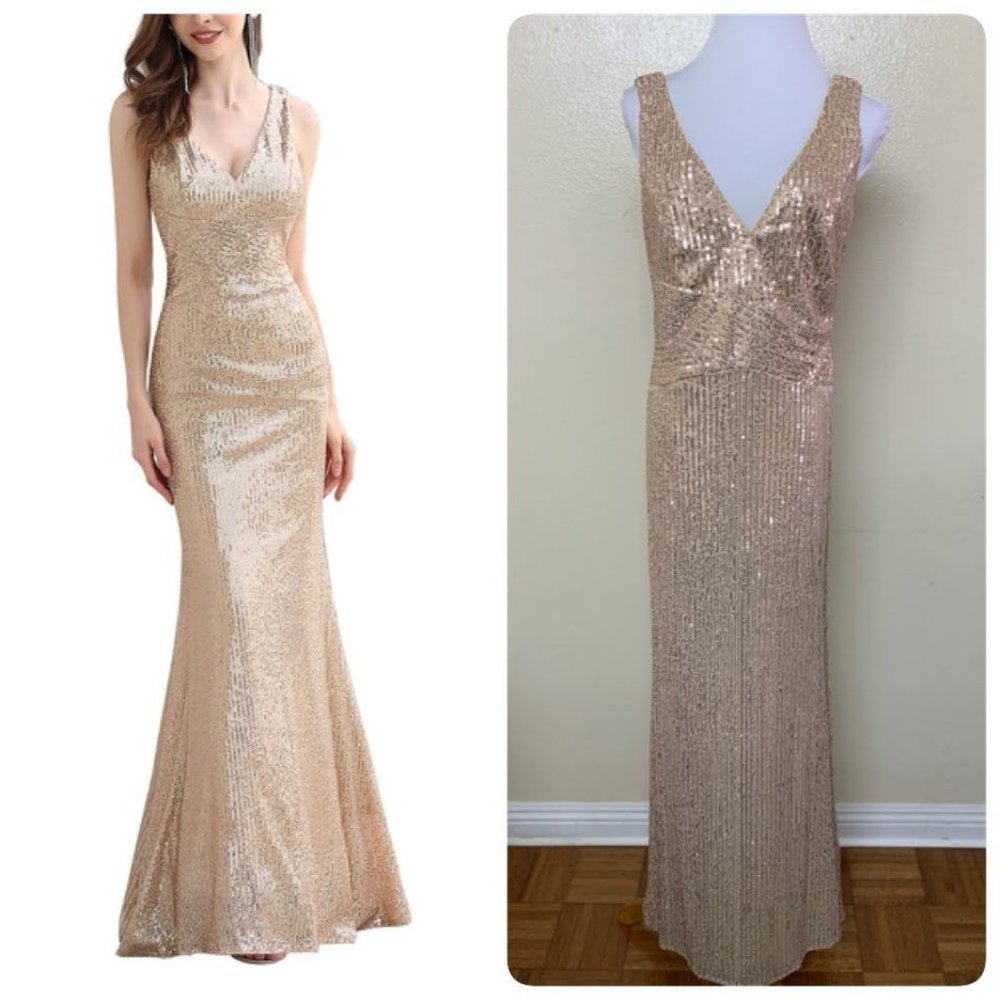 Ever Pretty Sequin Sleeveless Evening Long Festive Formal Gown Size 10 Gold